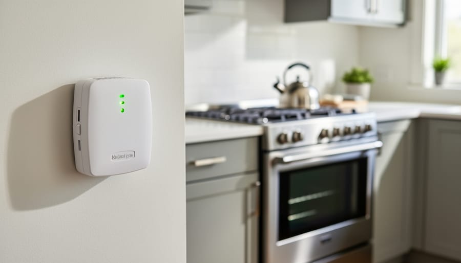 White natural gas detector mounted on kitchen wall near gas appliances
