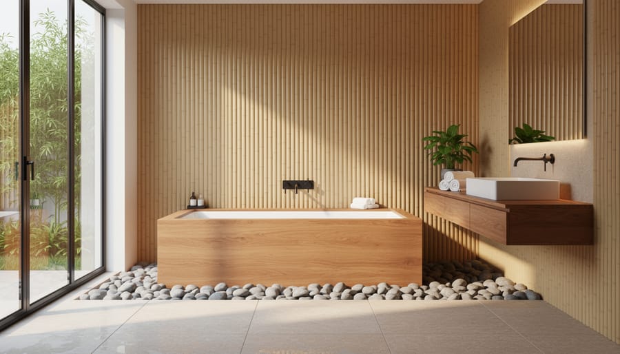 Close-up of natural bathroom materials including bamboo, river pebbles, and teak wood accessories