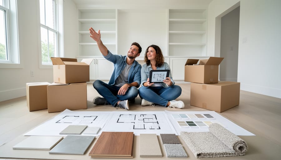 Family unpacking in new home with sunlight streaming through windows and moving boxes