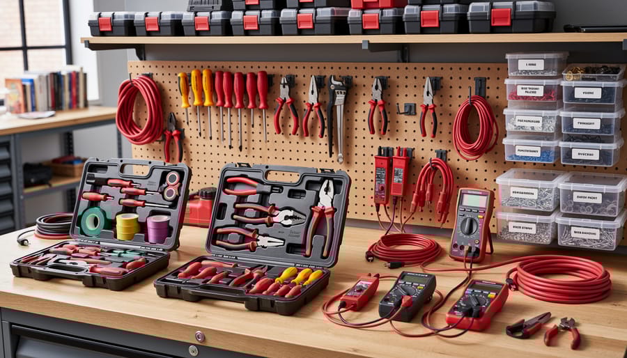 Overhead view of organized electrician's tool bag with various essential tools in compartments