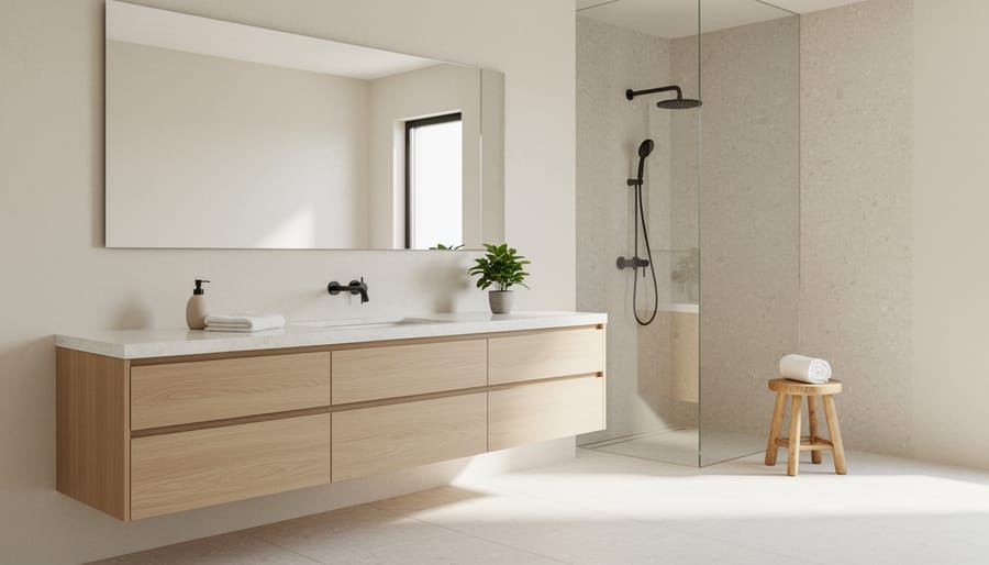 Organized bathroom shelf with neatly arranged towels, plant, and minimal accessories