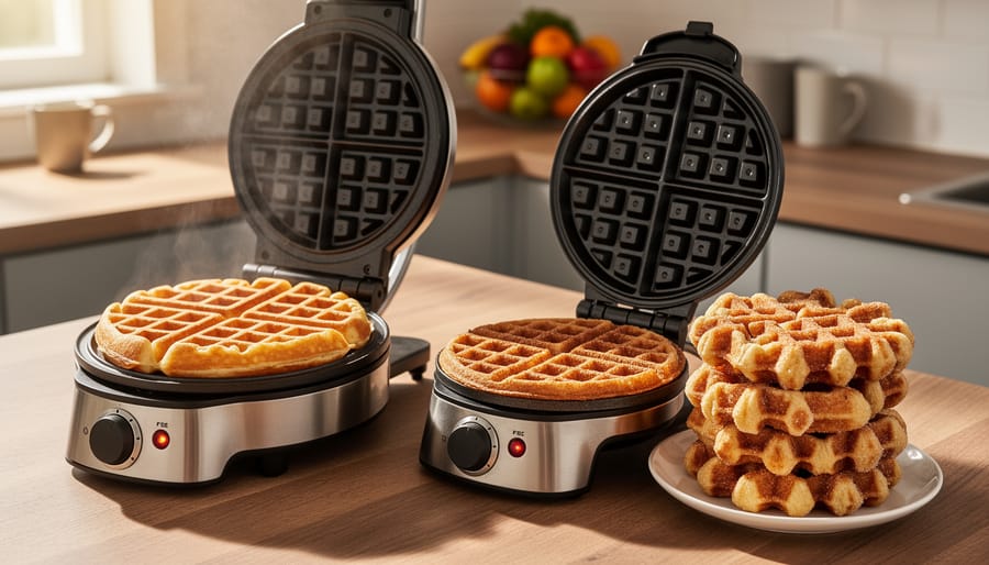 Flip-style Belgian and classic stationary waffle makers on a wooden countertop with fresh waffles and a plate of Liège waffles, warm morning light, blurred modern kitchen background.