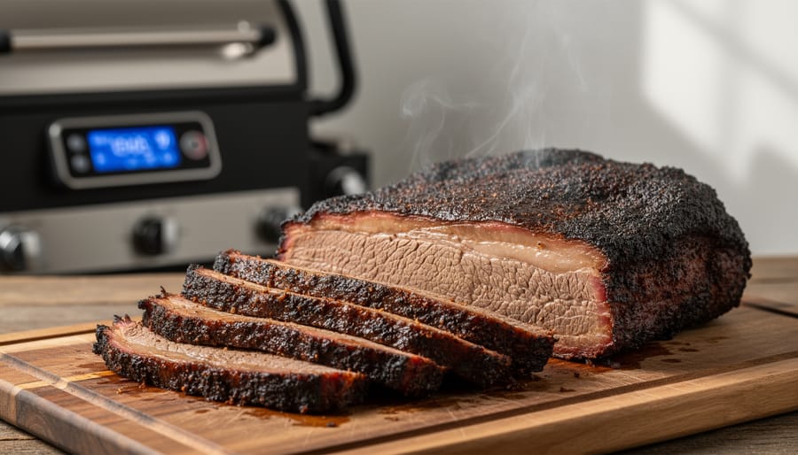 Beautifully smoked beef brisket with dark bark and visible smoke on cutting board