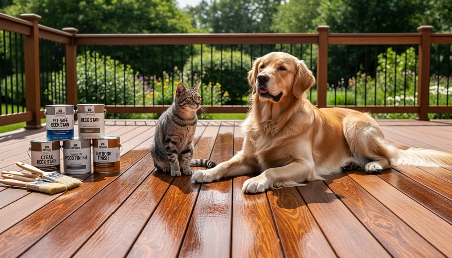 Dog relaxing on outdoor deck treated with pet-safe wood stain