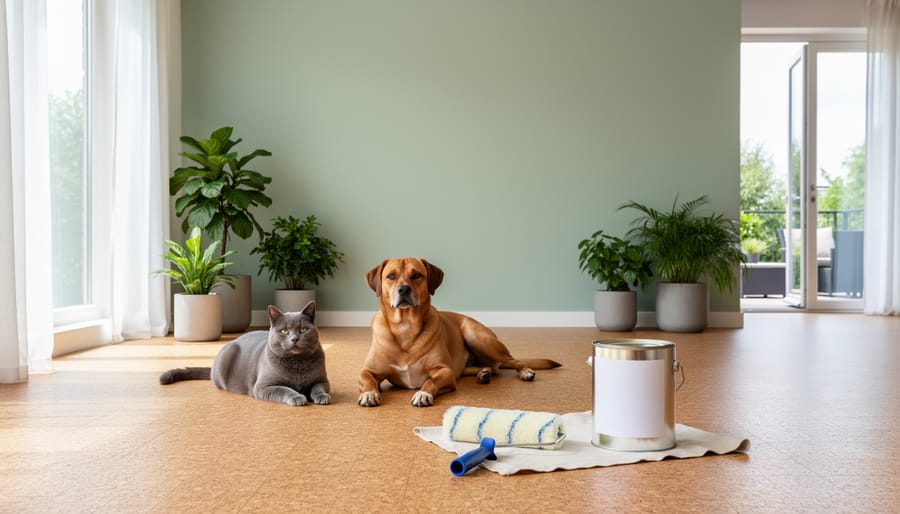 Dog and cat resting on natural cork flooring in a bright living room with open windows, pale sage wall, and closed paint can and roller, conveying a pet-safe, well-ventilated renovation.