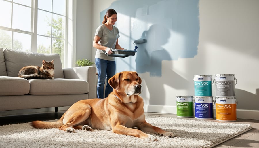 Person painting wall with pet-safe paint while cat observes nearby