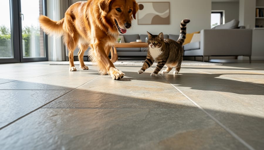 Dog walking on pet-friendly stone tile flooring in modern kitchen