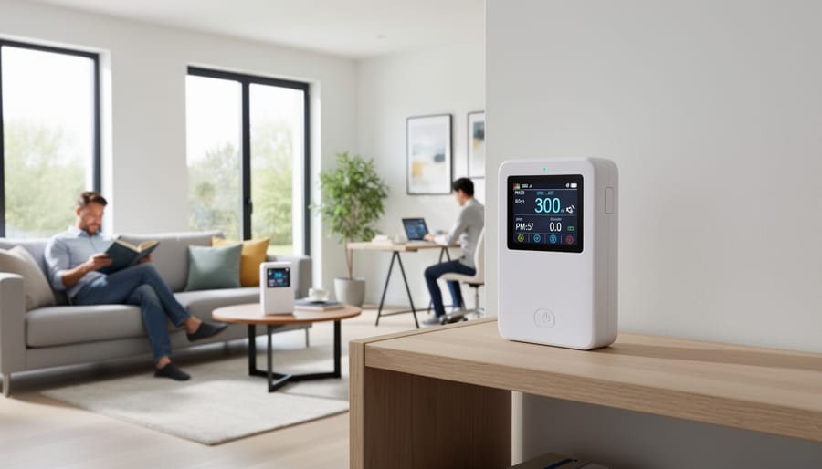 Person placing air quality test kit on bedroom nightstand near window