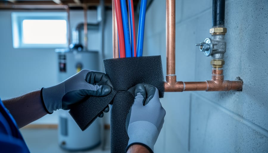 Close-up of a plumber’s gloved hands applying foam insulation to exposed copper and PEX pipes in a basement, with faint frost on an uninsulated section and a blurred water heater and shutoff valve in the background.