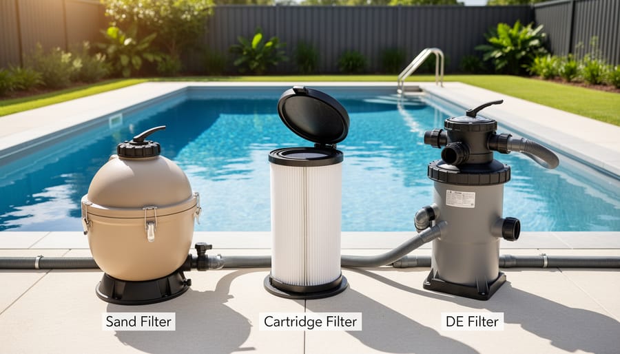 Three types of pool filters including sand, cartridge, and DE filtration systems