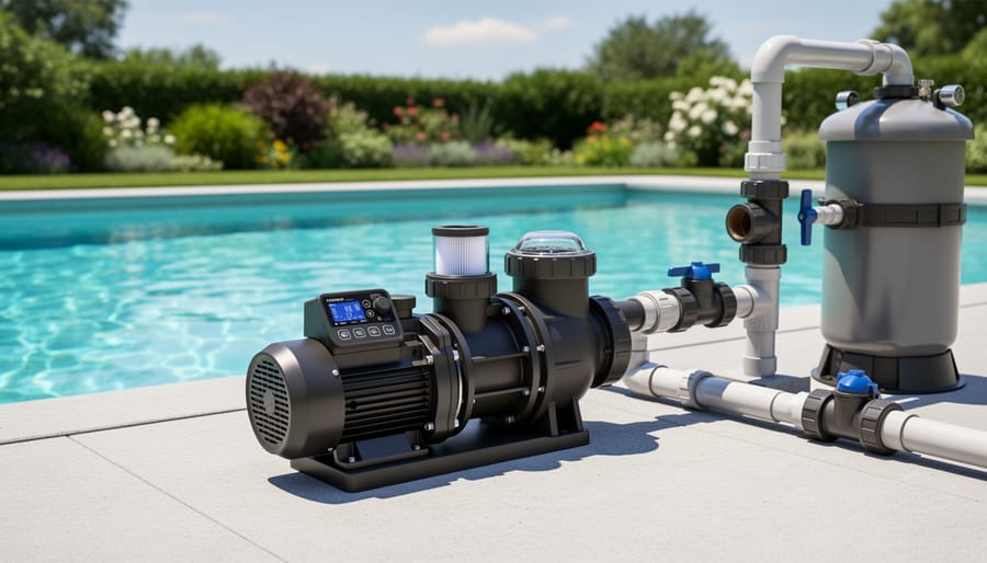 Variable-speed pool pump installed next to clear blue swimming pool