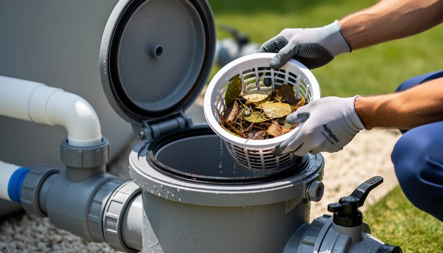 Hands cleaning debris from pool pump strainer basket during routine maintenance