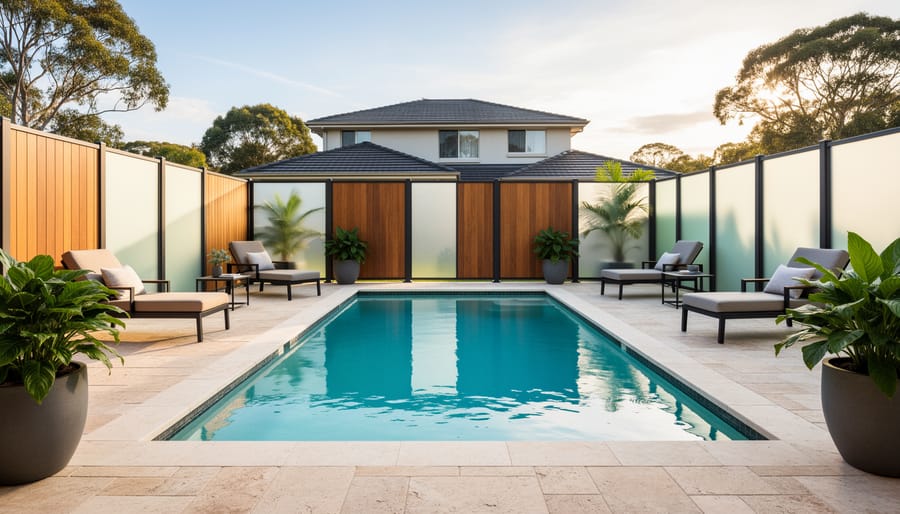 Privacy screens installed around swimming pool area creating intimate outdoor oasis
