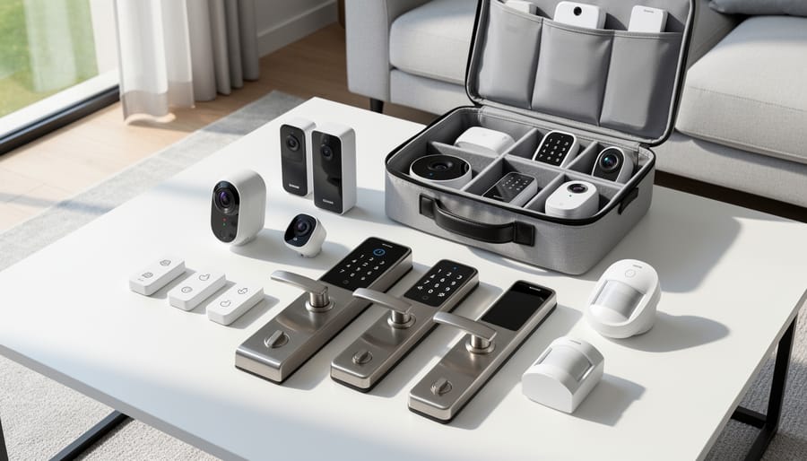 Overhead view of portable home security system components including cameras, sensors, and smart locks