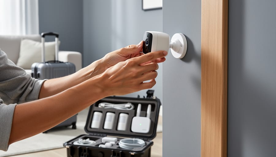 Hands installing a battery-powered wireless camera with an adhesive mount at an apartment entryway, with an open weatherproof case containing motion sensors and a cellular hub on the floor, and a softly blurred modern living room with a suitcase in the background.