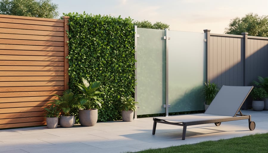 Comparison of outdoor privacy screen materials including fabric mesh, wood panel, and metal slats