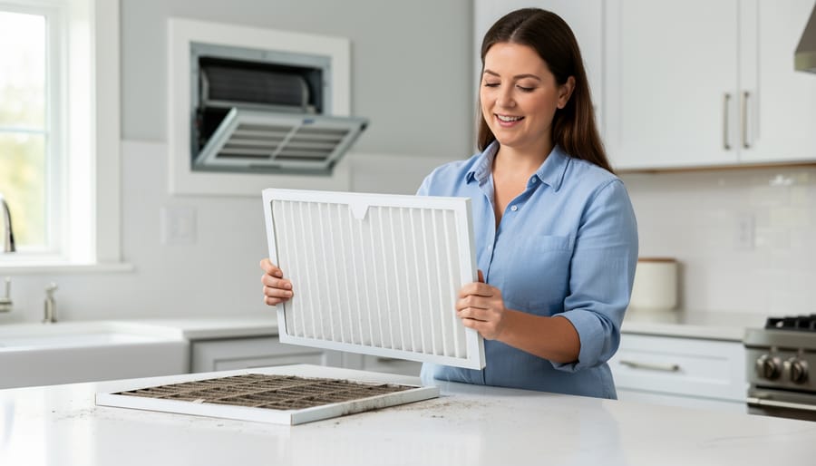 Homeowner removing dirty air filter from furnace during routine maintenance