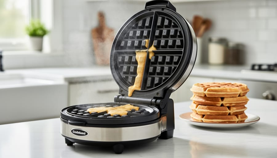 Stainless steel rotating waffle maker being flipped on kitchen counter