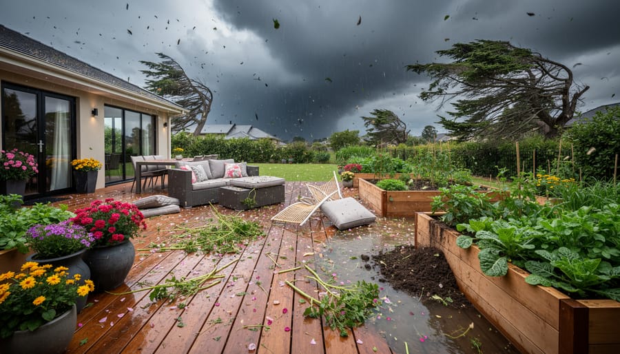 Storm-damaged backyard with overturned patio furniture and scattered garden items