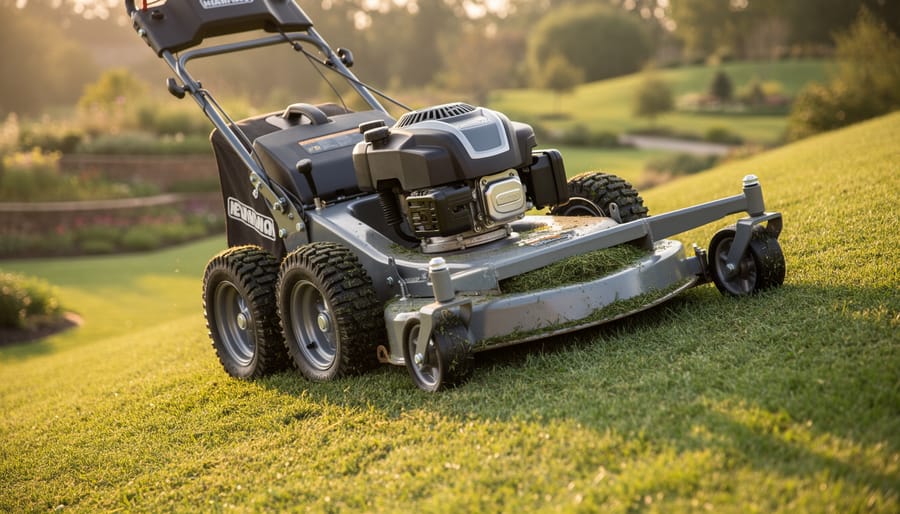 Low-angle view of a six-wheel walk-behind lawn mower conforming to uneven grass on a gentle slope, wheels and deck in sharp focus with warm side lighting and a softly blurred backdrop of trees and garden beds.