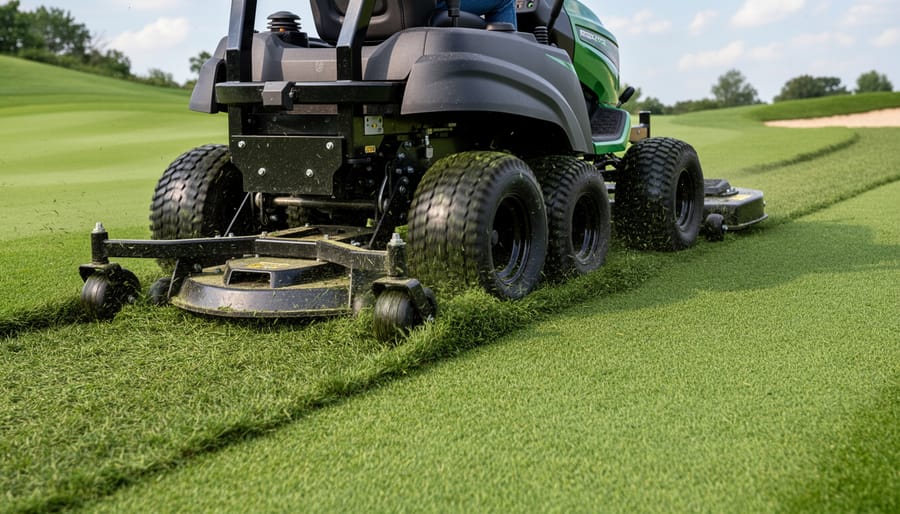 Six-wheel lawn mower operating on bumpy uneven lawn terrain