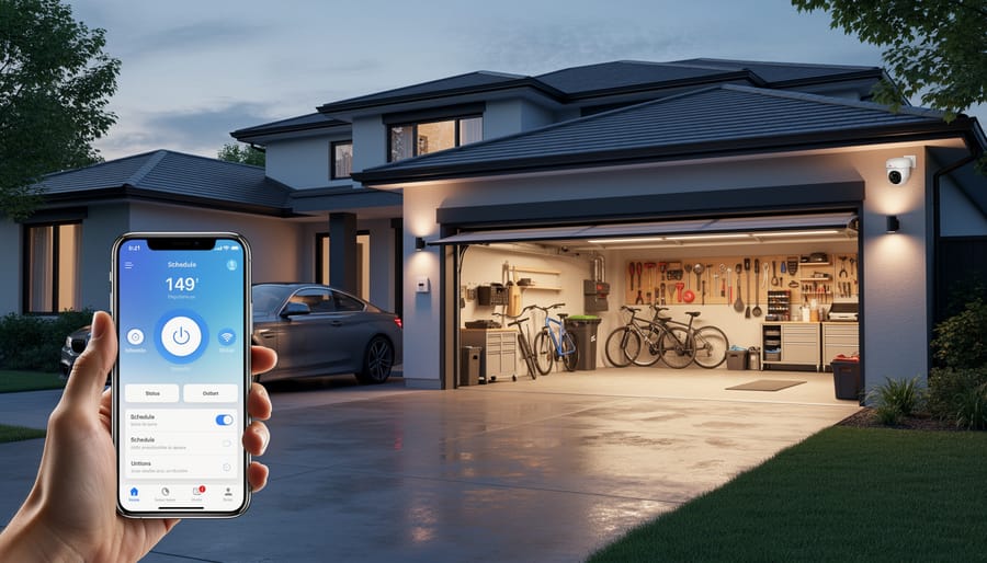 Homeowner using smartphone app to operate smart garage door system