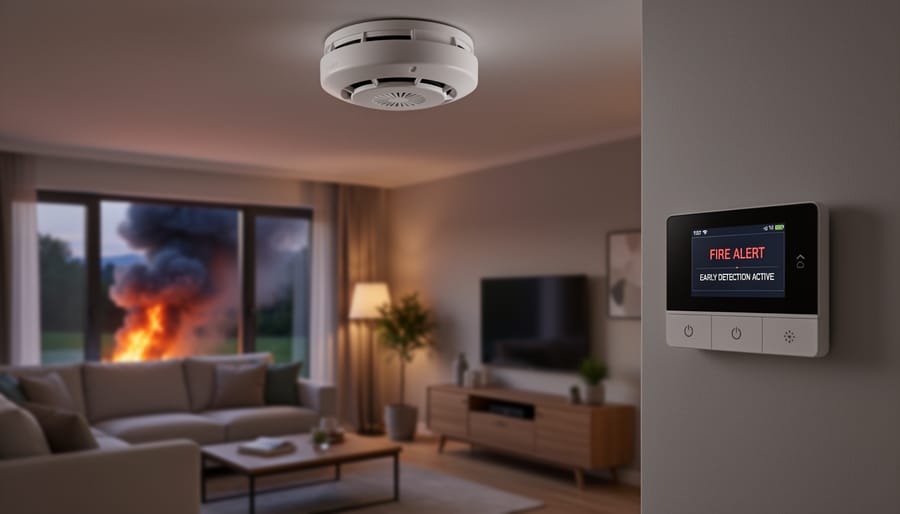 Smoke detector on ceiling with fire visible in background