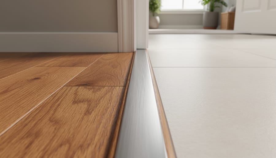 Close-up of brushed metal T-molding transition strip connecting hardwood and tile flooring