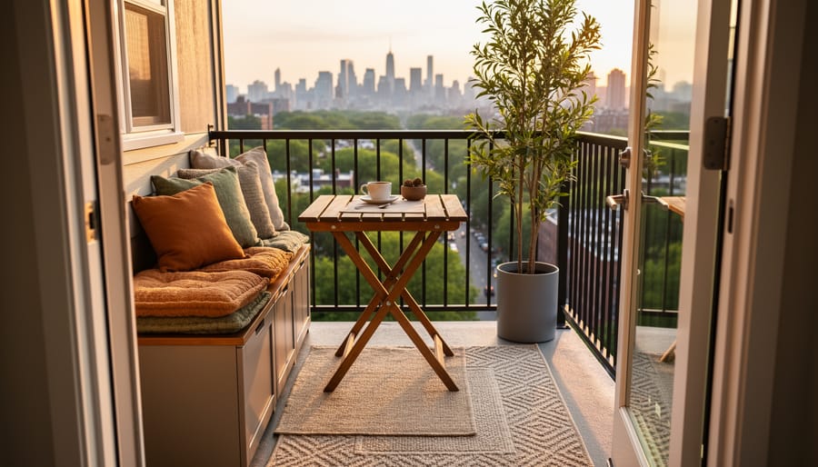 Small urban balcony with a slim storage bench topped with cushions, a fold-down bistro table, layered outdoor rug and pillows, and a single tall plant, photographed from a slightly elevated angle at golden hour with a softly blurred city skyline beyond