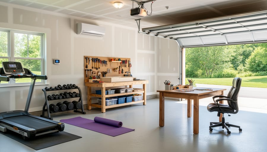 Well-organized climate-controlled garage transformed into functional home gym and workshop space