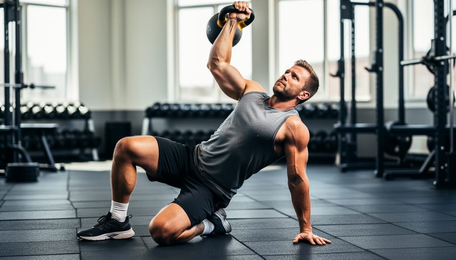 Woman performing Turkish get-up kettlebell exercise demonstrating proper form