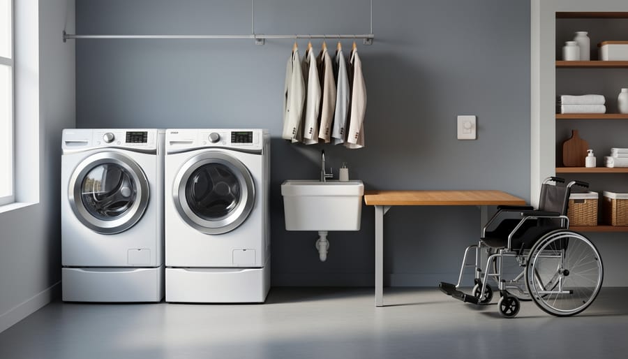 Modern accessible laundry room with front-loading washer and dryer on raised pedestals, front-mounted controls, deep sink with lever-handle faucet, adjustable pull-down hanging rod, and a wall-mounted folding table with knee clearance; wide clear floor space, rocker light switch, and open shelving lit by soft natural light.