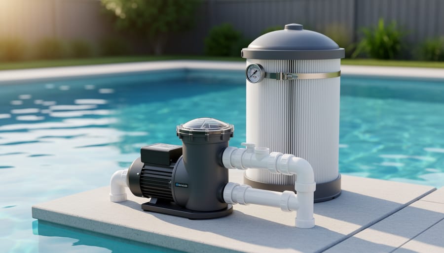 Modern variable-speed pool pump and cartridge filter on a tidy equipment pad next to a clear blue backyard pool, with pipes and valves in sharp focus and the pool and deck softly blurred in warm sunlight