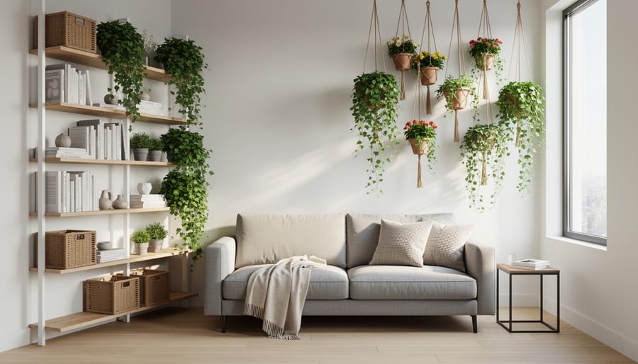 Wall-mounted shelves and hanging planters creating vertical garden on small balcony wall