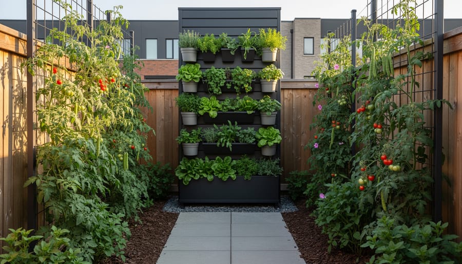 Vertical garden design with wall planters and climbing plants on trellis in narrow side yard