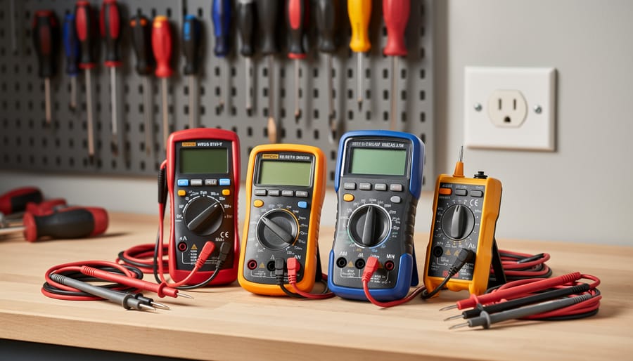 Non-contact voltage tester and digital multimeter on workbench with electrical components