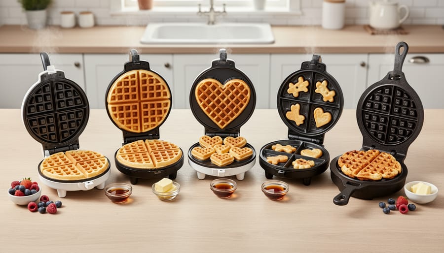Overhead view of four different waffle styles showing variety of textures and shapes