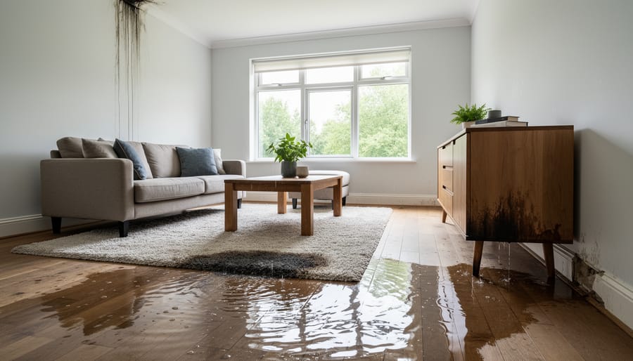 Flooded living room showing water damage to hardwood floors and furniture