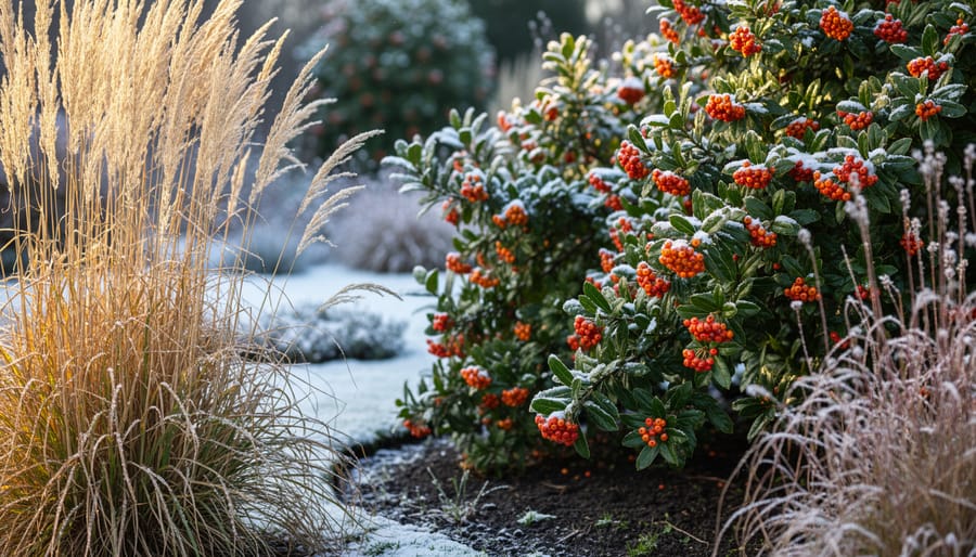 Frost-covered ornamental grasses and evergreen shrubs with red berries in winter garden