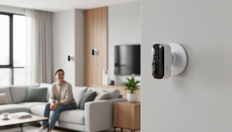 Wireless security camera mounted on rental home exterior wall with adhesive mount