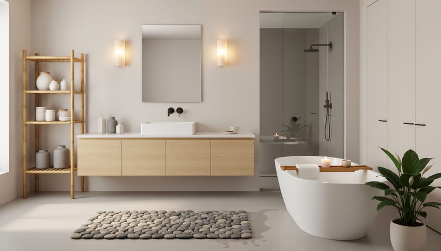 Zen-inspired bathroom featuring an untreated wood floating vanity, wall-mounted faucet, bamboo shelves with ceramic vessels, a soaking tub with wooden tray, river stone bath mat, and a peace lily, softly lit by natural daylight and warm sconces with a glass shower and minimalist storage in the background.