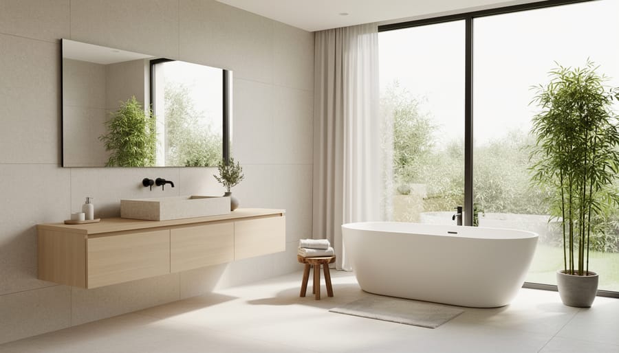 Minimalist zen bathroom with natural wood vanity, white walls, and river stone accents