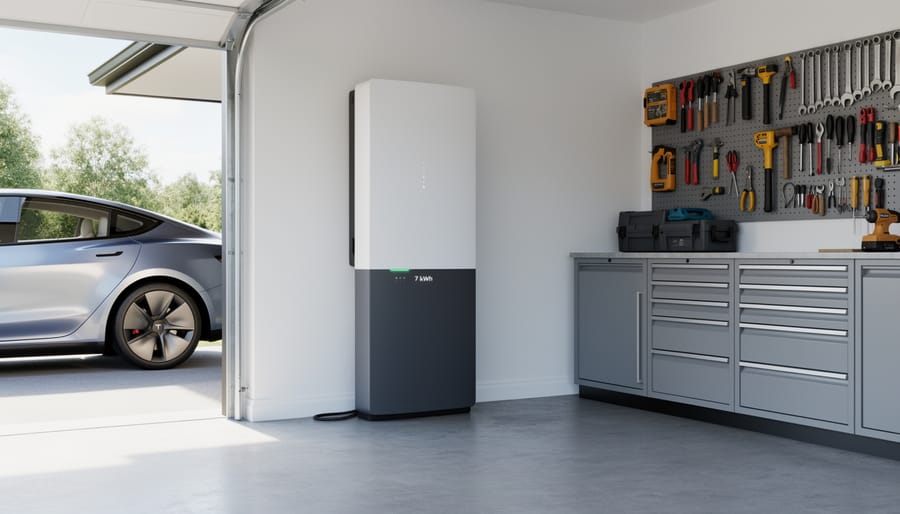 Wall-mounted home battery system installed in modern residential garage