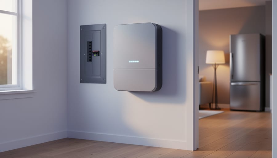 Wall-mounted home battery in a clean utility room beside an electrical panel, softly lit by late-afternoon daylight, with a blurred living area lamp and kitchen refrigerator in the background.