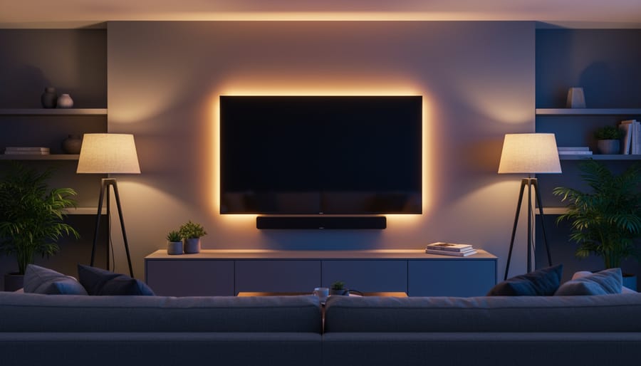 Wall-mounted TV glowing with warm amber backlight and two floor lamps at 45-degree angles, creating soft, indirect lighting in a modern living room with a sofa in the foreground and shelves, plants, and a soundbar blurred in the background.