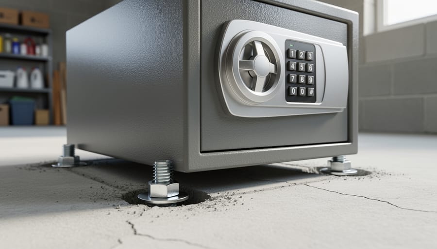 Floor safe secured to concrete with visible anchor bolts