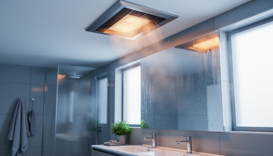 Ceiling-mounted bathroom heating and exhaust vent clearing steam above a modern vanity, with condensation on the mirror and tiles and soft daylight from a frosted window; glass shower and towel rack in the background.
