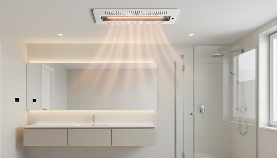 Ceiling-mounted bathroom heating vent unit showing grille and design details