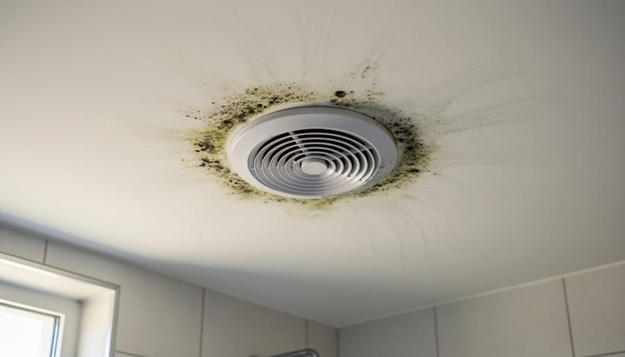 Visible mold growth on bathroom ceiling near heating vent showing moisture problems