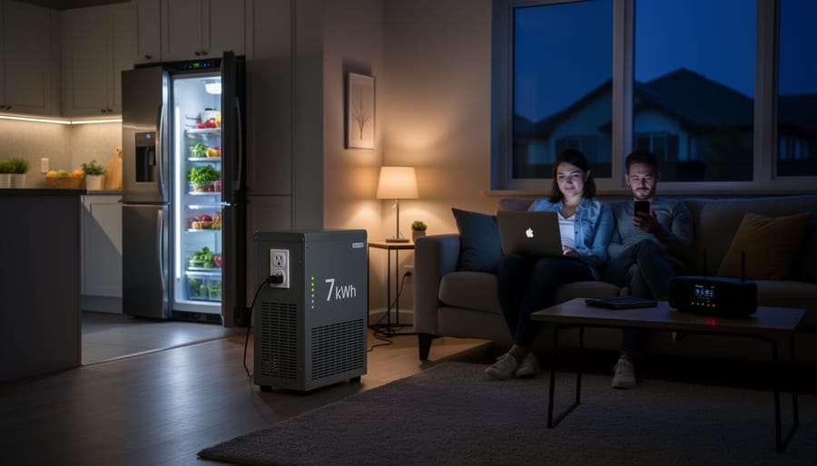 Family using kitchen appliances and lights during evening power outage with battery backup